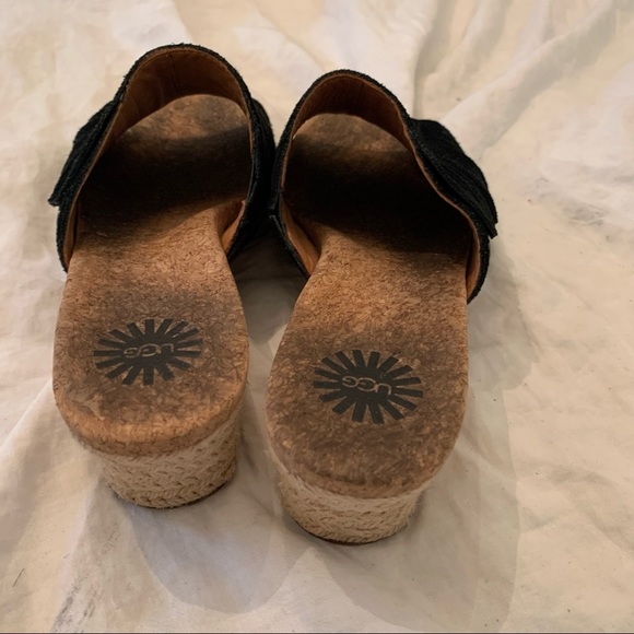 Ugg cork fringe black suede peep toe wedge platform sandals shoes size 7 heels - Picture 4 of 9
